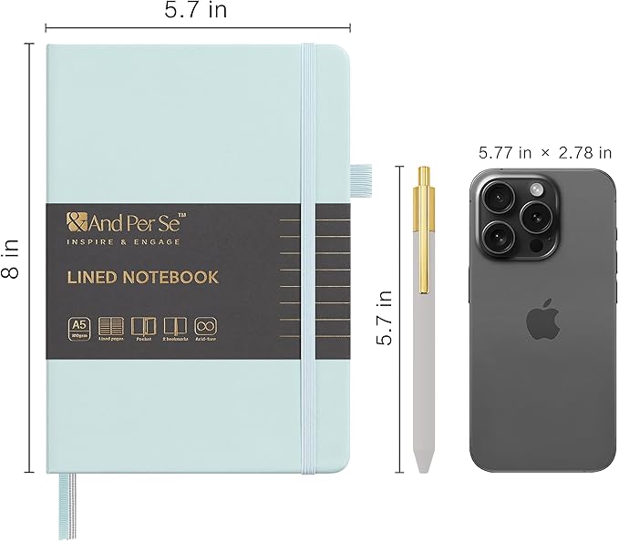 A5 Lined Leather Journal and Pen Set, Hardcover Notebook with Pen, 160 Pages 100gsm Thick Ruled Paper for Men Women, for Work, Business, School or Home Writing, 5.7'' x 8'' (Cyan-Set1)-DeskLoop Office