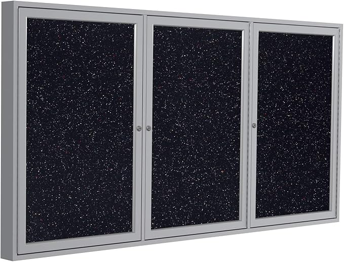 Ghent 48" x 96" 3-Door indoor Enclosed Recycled Rubber Bulletin Board, Shatter Resistant, with Lock, Satin Aluminum Frame,Confetti (PA34896TR-CF)-Made in USA-DeskLoop Office