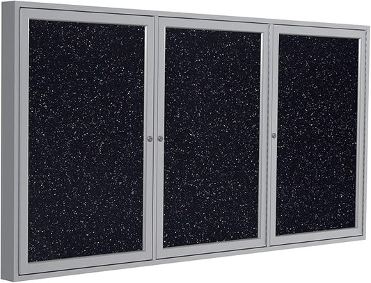 Ghent 48" x 96" 3-Door indoor Enclosed Recycled Rubber Bulletin Board, Shatter Resistant, with Lock, Satin Aluminum Frame,Confetti (PA34896TR-CF)-Made in USA-DeskLoop Office