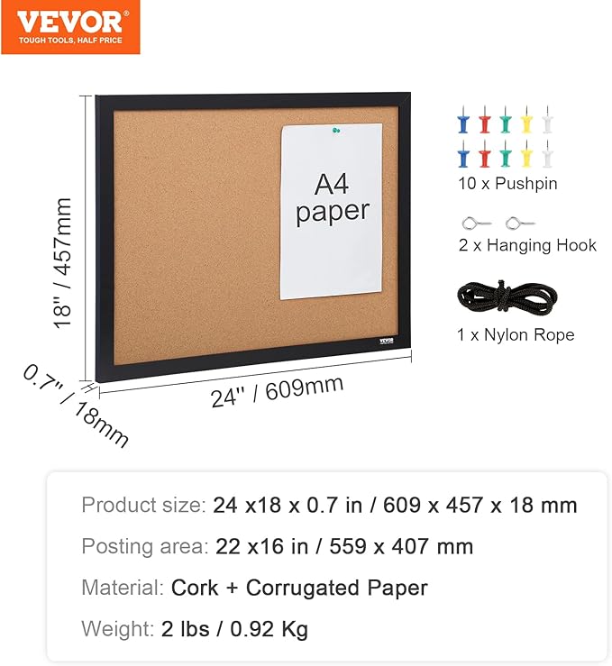 VEVOR Cork Board for Walls, Double-Sided Cork 24" x 18" Bulletin Board Vision - Image 7