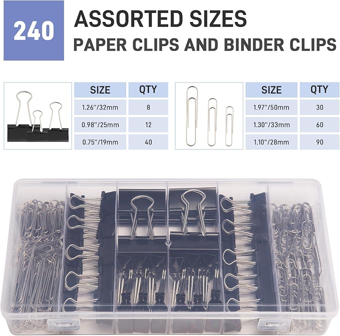 240PCS Black Assorted Size Paper Clips and Binder Clips, Paperclips Large - Image 3