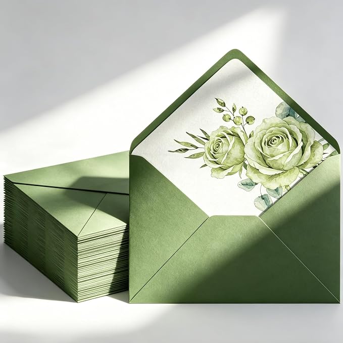 50 Pcs Olive Green Envelopes Floral Pattern 5x7 Envelopes by Partiazy