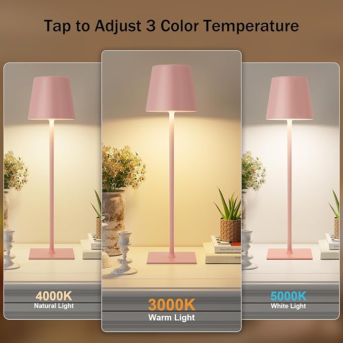 Kakanuo Pink Cordless Rechargeable Table Lamp, 2 Pack Portable Desk Lamp - Image 2