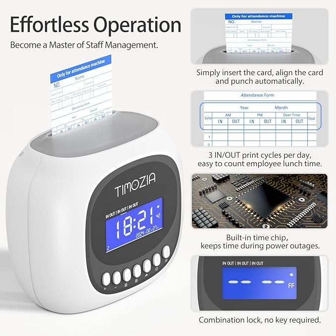 Time Clocks for Employees Small Business, Auto-Align Time Clock, 6 Punches per Day Time Machine, Clock in Machine for Employees with Time Cards, 2 Ink Ribbons and White with 50 Cards-DeskLoop Office