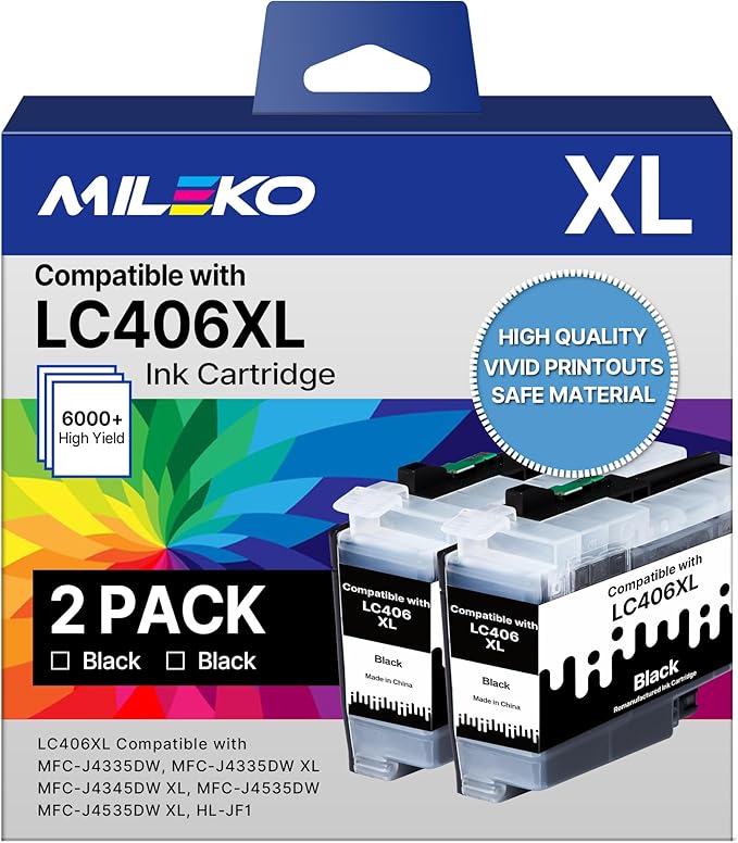 LC406 Ink Cartridges for Brother Printer Black Compatible for Brother LC406XL LC 406 XL 406 XL High Yield Ink Cartridges for Brother MFC-J4535DW MFC-J4335DW MFC-J5855DW MFC-J6555DW MFC-J6955DW, 2 Pack-DeskLoop Office