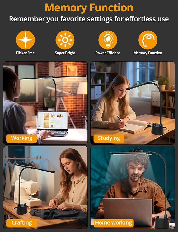 Desk Lamp with Dual Head & 10W Smart Dual USB Charging Port 5 Color Modes Dimmable Reading Light 2600 Lumens 12W Table Lamp for Bedside Office, Adapter Include-DeskLoop Office