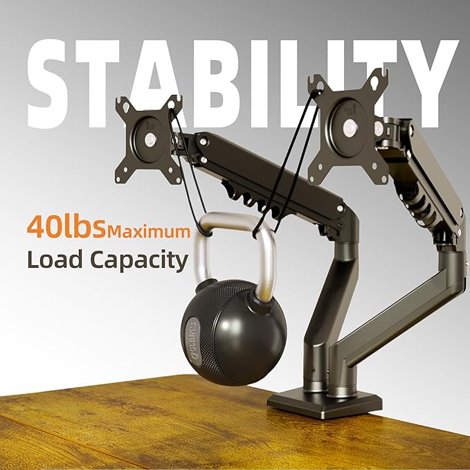 Claiks Dual Monitor Mount for 15-32 Screens, Ergonomic Gas Spring Monitor Arm for, Adjustable Computer Monitor Stand up to 40 lbs, with Clamp and Grommet Base, VESA Mounting Holes 75&100mm, Black-DeskLoop Office