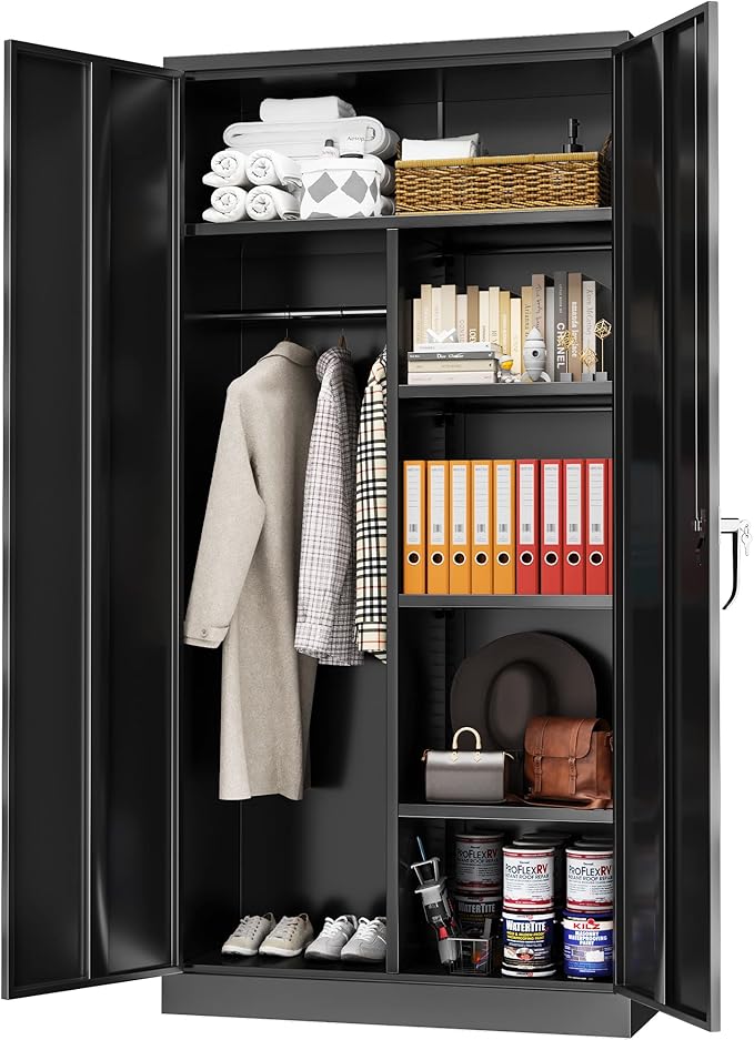 Greenvelly Metal Storage Wardrobe Cabinet with Doors, Black 72” Steel Wardrobe Closet, Employees Locker Closet Clothing Coat Steel Wardrobe Cabinet with Hanging Rod for Home Office Room School-DeskLoop Office