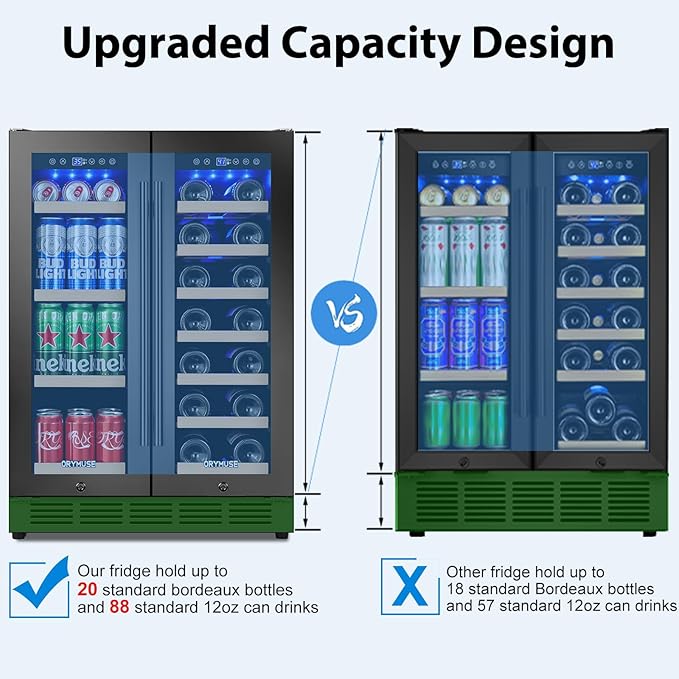 24" Dual Zone Wine & Beverage Refrigerator – Under Counter Cooler with Upgraded Cooling & Blue LED Light, Hold 20 Bottles and 88 Cans Large Capacity Wine Fridge, Built-In or Freestanding – Black-DeskLoop Office
