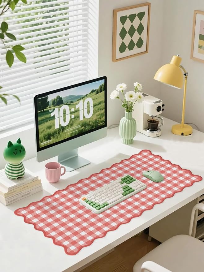 Scalloped‌ Checkered Gingham Desk Mat Cute Red XXL Large Mouse Pad Kawaii - Image 2