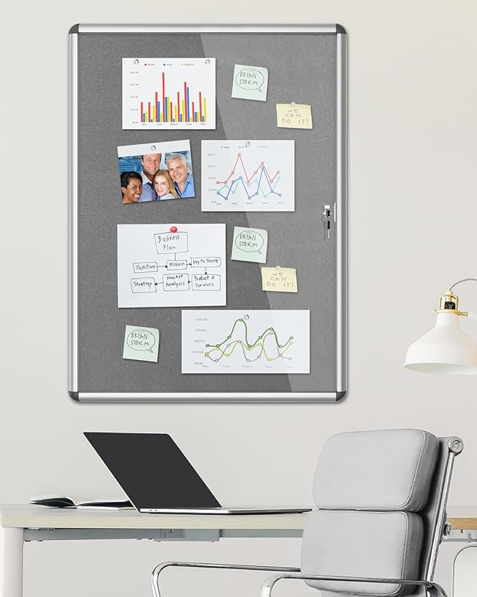 38"x28" Enclosed Bulletin Board, Lockable Weather-Resistant Aluminum Cork Noticeboard for School & Office, Silver Frame w/Grey Flet-DeskLoop Office