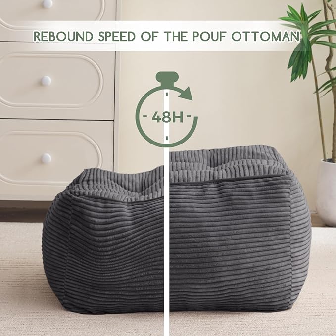 HIGOGOGO Square Stuffed Pouf Ottoman, Corduroy Poufs with Foam Chunk Filling, Furry and Fluffy Pouf Foot Stool Storage Ottoman, 21 X 21 Floor Poufs Foot Rest for Living Room, Dark Grey-DeskLoop Office