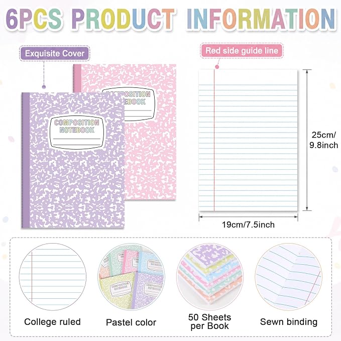 6 Pack Large Composition Notebooks Bulk 9.8 × 7.5 in Wide Ruled Hard Cover - Image 2