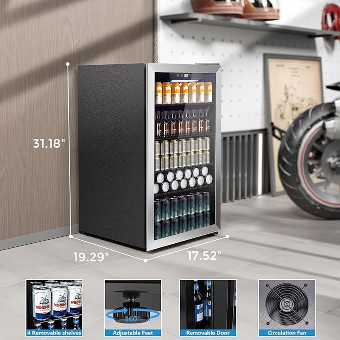 Kndko Beverage Refrigerator Cooler - 130 Can Mini Fridge with Adjustable Shelves, Glass Door, Digital Temperature Control, LED Lighting, Energy Efficient for Home, Office, Bar - 3.2 Cu.Ft, Silver-DeskLoop Office