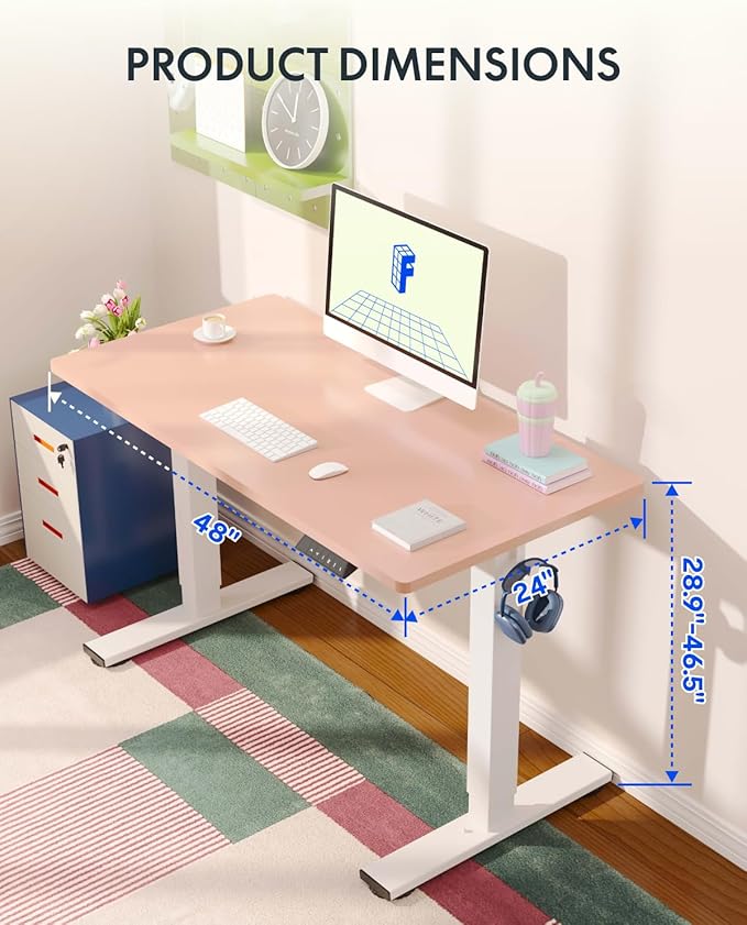 FLEXISPOT EN1 One-Piece Standing Desk, 48 x 24 Inches Electric Height Adjustable Desk for Home Office (White Frame + Pink Desktop)-DeskLoop Office