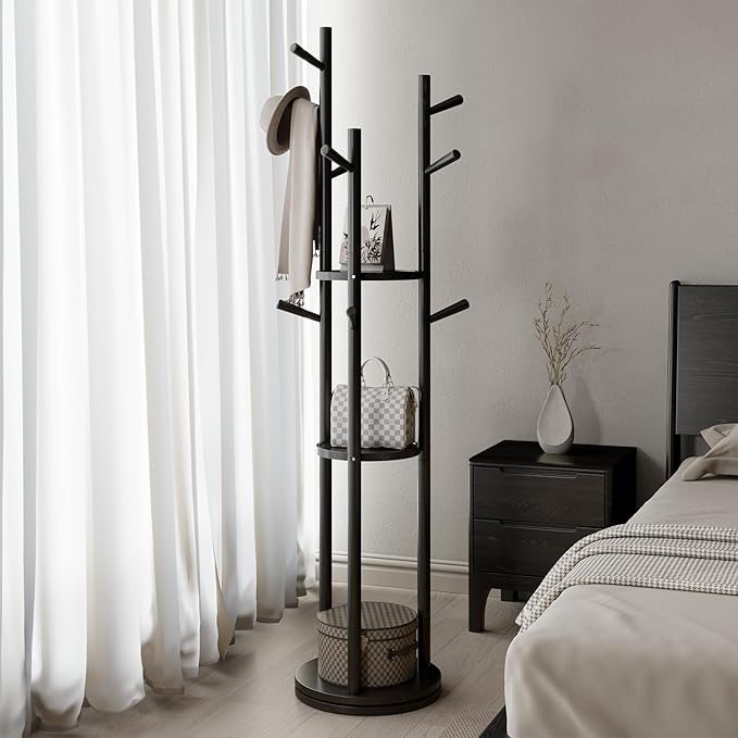 Solid Wood Rotary Coat Rack, Freestanding Coat Rack with 3 Shelves and 9 Hooks, Coat tree for Bedroom, Entryway, Livingroom, Coat Hanger Stand for Coats, Scarves, Handbags (Black)-DeskLoop Office