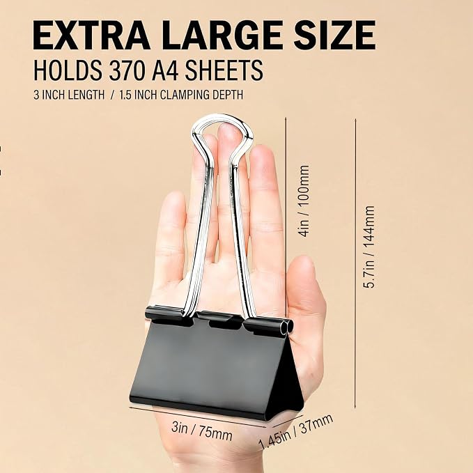 24 Pack 3 Inch Extra Large Binder Clips, Heavy Duty Paper Clamps, Big Metal - Image 6