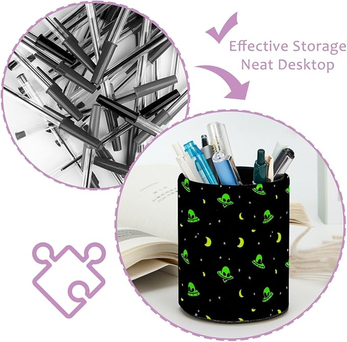 Leather Pen Holder for Desk Green Alien Moon Pencil Cup Desktop Organizer - Image 4