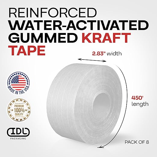 IDL Packaging 2.83" x 450 feet Reinforced Water-Activated Kraft Gummed Tape 30lb Thickness (Pack of 8) - Secure Paper Packing Tape for Secure Carton Sealing - Heavy-Duty for All Conditions, White