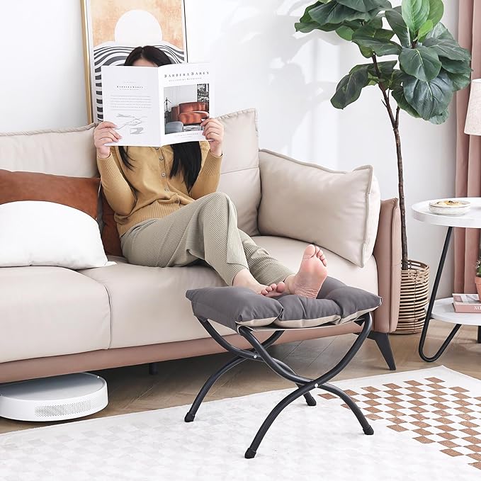 LITA Folding Upholstered Footrest Stool, Modern Small Portable Accent Ottoman with Detachable Thick Cotton Cushion Padded Sofa Stool with Metal Frame for Lazy Chair, Living Room & Bedroom, Dark Grey-DeskLoop Office