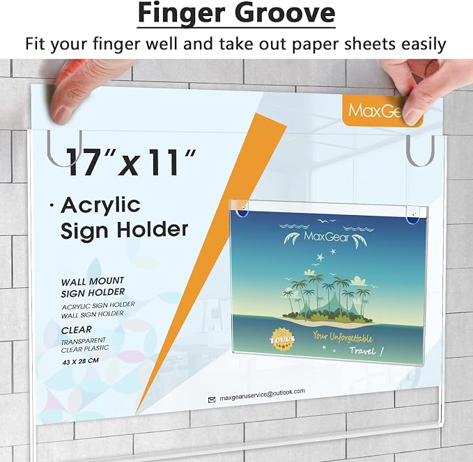 MaxGear Acrylic Wall Mount Sign Holder, 11 x 17 Landscape, 6 Pack | Includes - Image 3