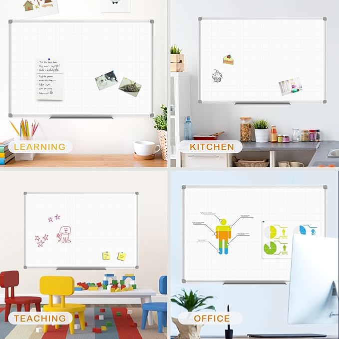 JILoffice Magnetic Dry Erase Planning Board, Grid Pattern White Board 36 x 24 Inch, Silver Aluminum Frame with Detachable Marker Tray for Office School and Home-DeskLoop Office