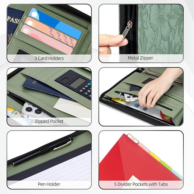 Ospelelf Green Leather Portfolio Binder 3 Ring, Zippered Clipboard Folder - Image 4