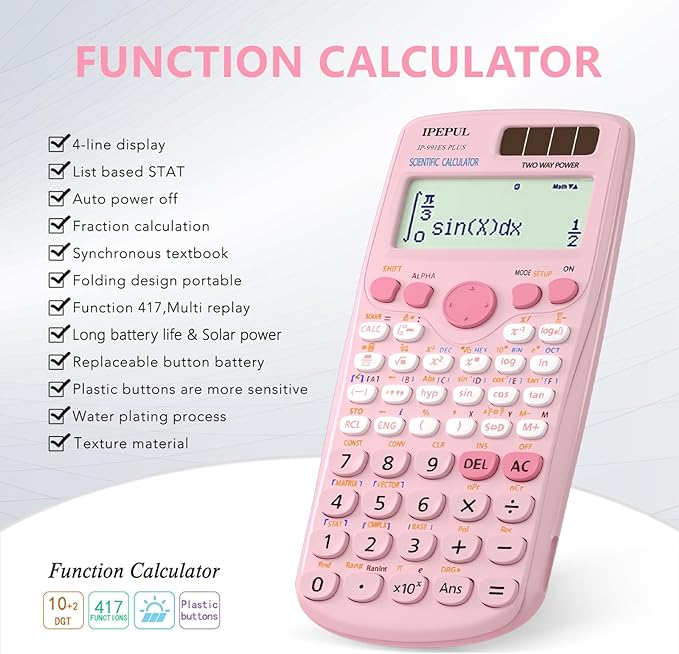 Scientific Calculators, IPepul Pink Math Calculator with 417 Function, Solar Battery Power and 4-Line Display, School Supplies for Middle High College Students Teachers (Pink 991ES Plus)-DeskLoop Office