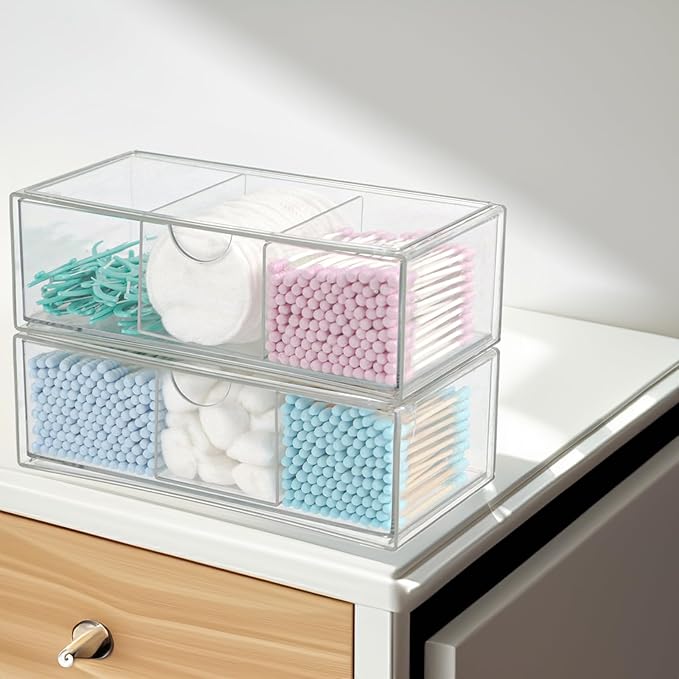 Set of 2 Stackable Storage Drawers - 7.8" Clear Plastic Drawer Storage, Acrylic Makeup Organizer, Desk Counter Cabinet Office Organizer, Bathroom Organizers and Storage (3 Grid/Set of 2)-DeskLoop Office