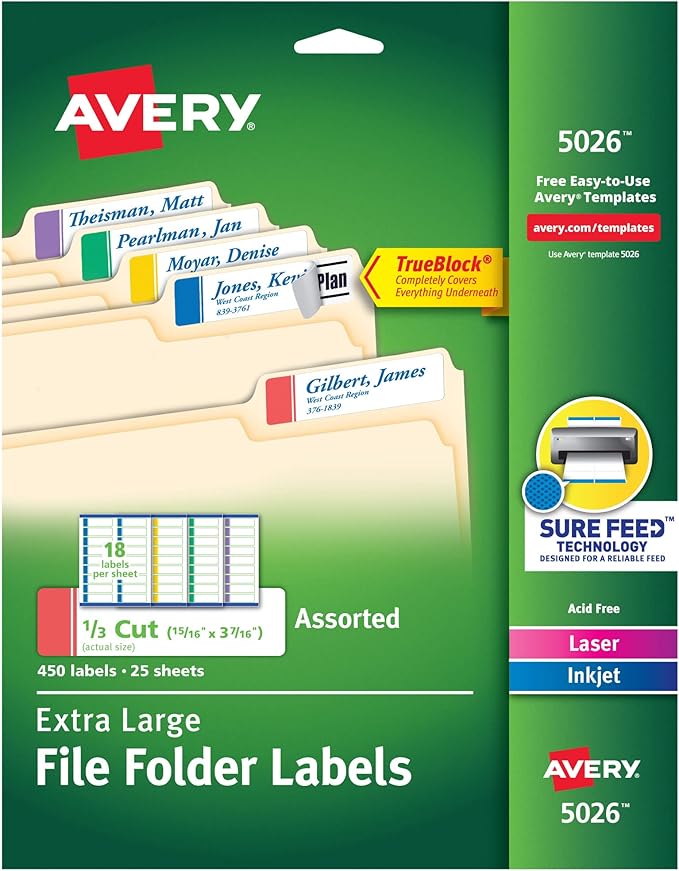 Avery TrueBlock Extra Large File Folder Labels, 15/16" x 3-7/16", 450 Printable by Avery