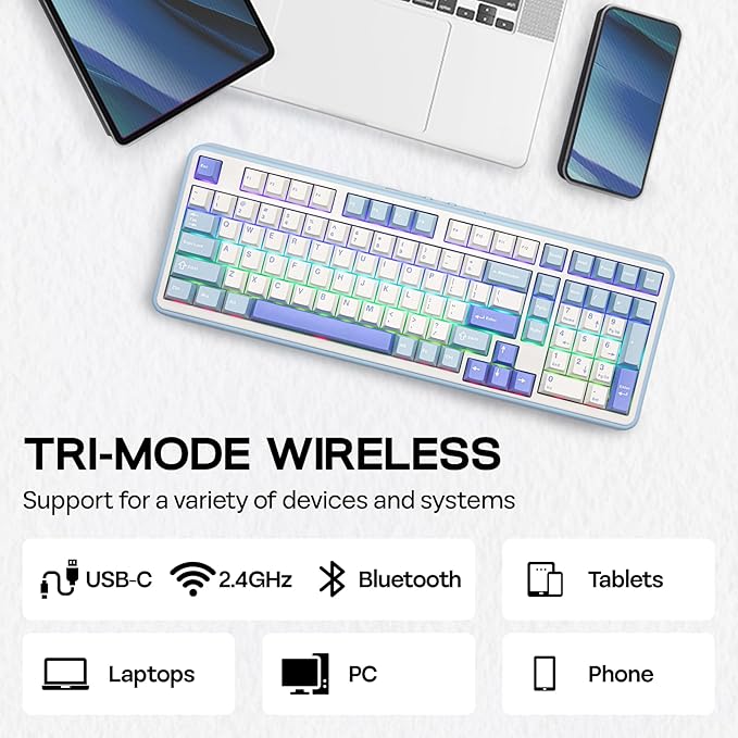 EPOMAKER TH99 Wireless Mechanical Keyboard with Lubed Silent Switch, Quiet Gaming Keyboard, 8000mAh,Creamy Gasket,RGB Backlit,Numpad,PBT Keycap,Hot Swappable,for Gamers/Office (Blue&White)-DeskLoop Office