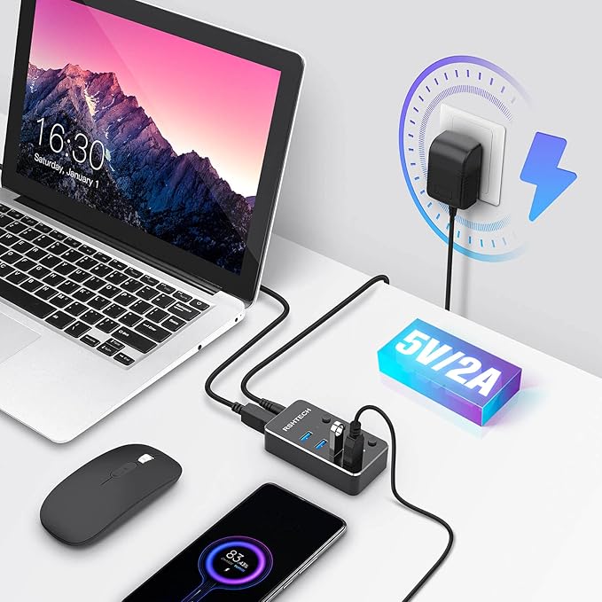 USB 3.0 Hub RSHTECH 4 Port Powered USB 3.0/USB C Hub Upgraded Version with 2-in-1 3.3ft USB Cable,5V Power Adapter and Individual Switches, Portable Aluminum USB Splitter for Laptop and PC, RSH-ST04-DeskLoop Office
