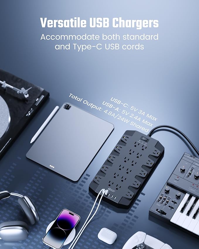 15 Ft Extension Cord Power Strips with Surge Protection, SUPERDANNY Surge Protector with 22 Outlets, 2 USB-C and 4 USB-A, 2100J, 15Ft Flat Plug Heavy Duty Extension Cord (1875W/15A) for Office, School-DeskLoop Office