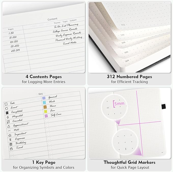 5 Pack Bullet Dotted Journal Notebook, 312 Numbered Pages Dot Grid Notebooks - Image 4