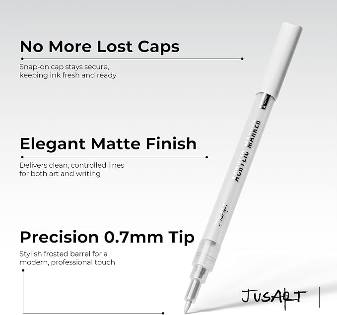 JusArt 6 Pack White Permanent Markers, 0.7mm Fine Point White Acrylic Markers - Image 4