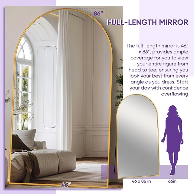 Full Length Mirror, 86"x46" Oversized Floor Mirror Freestanding, Full Body Mirror Floor Standing Mirrors with Stand, Hanging Mounted Mirrors for Bedroom Living Room, Gold, Arched Style-DeskLoop Office