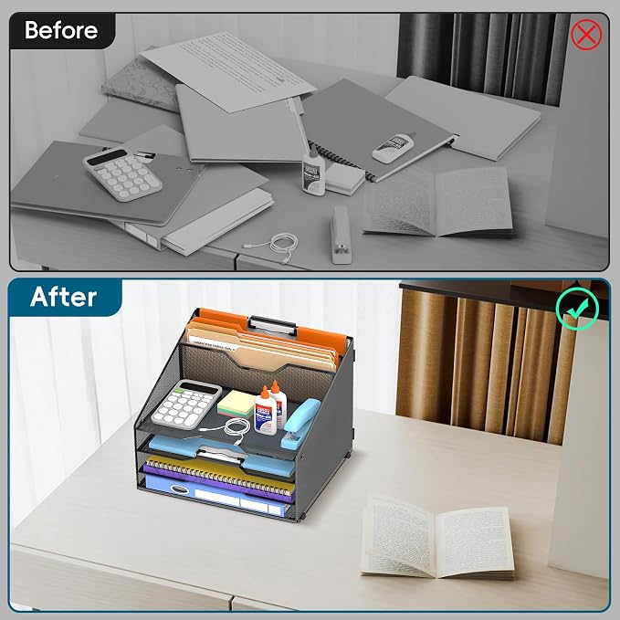 Desk File Organizer, 4 Letter Trays and 2 Upright Sections, school and - Image 6
