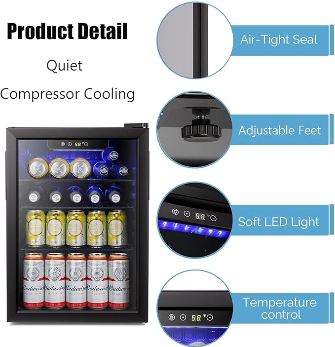 Antarctic Star Beverage Refrigerator Cooler-85 Can Mini Fridge Glass Door for Soda Beer Wine Stainless Steel Glass Door Small Drink Dispenser Digital Display for Home, Office Bar,2.4cu.ft-DeskLoop Office