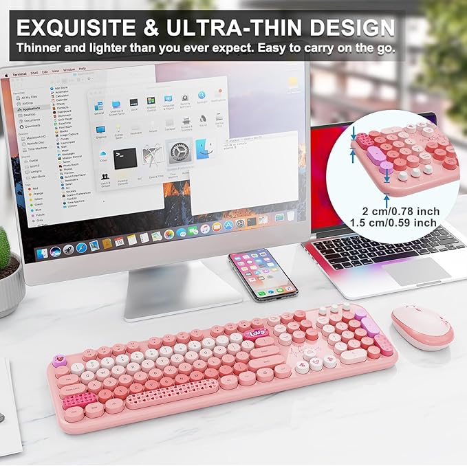 Wireless Keyboard and Mouse Combo, 104 Round Keys Full-Size Cute Colorful Pink Cordless Keyboard and Mouse with Retro Typewriter for PC/Mac/Laptop/Tablet/Computer/Windows Pink-DeskLoop Office