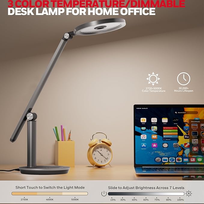 Honeywell Desk Lamp for Home Office, H6 Sunturalux™ Eye-Caring Led Desk Light, 800LM Dimmable Desk Lamp with Timer, Touch Control Tall Desk Reading Light, Table Lamp for Circle Webcam, Study, Bedroom-DeskLoop Office