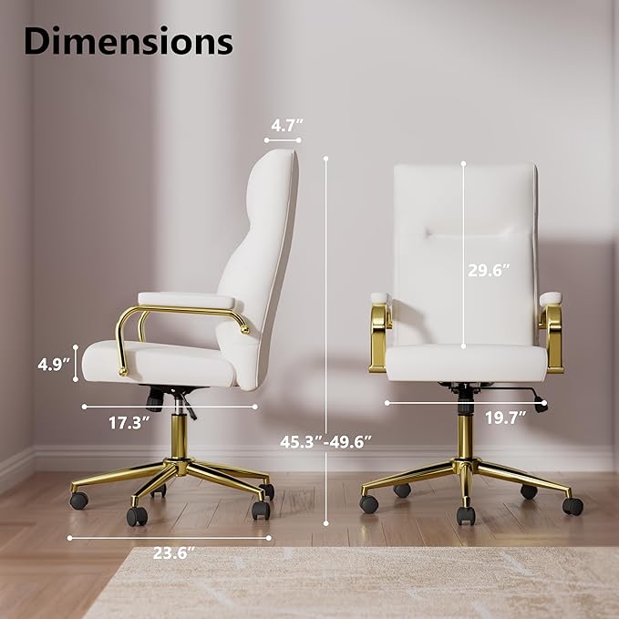 White and Gold Office Chair Memory Foam, White Leather Computer Desk Chairs with Wheels and Arms, High Back Executive Office Chair for Girl and Women-DeskLoop Office