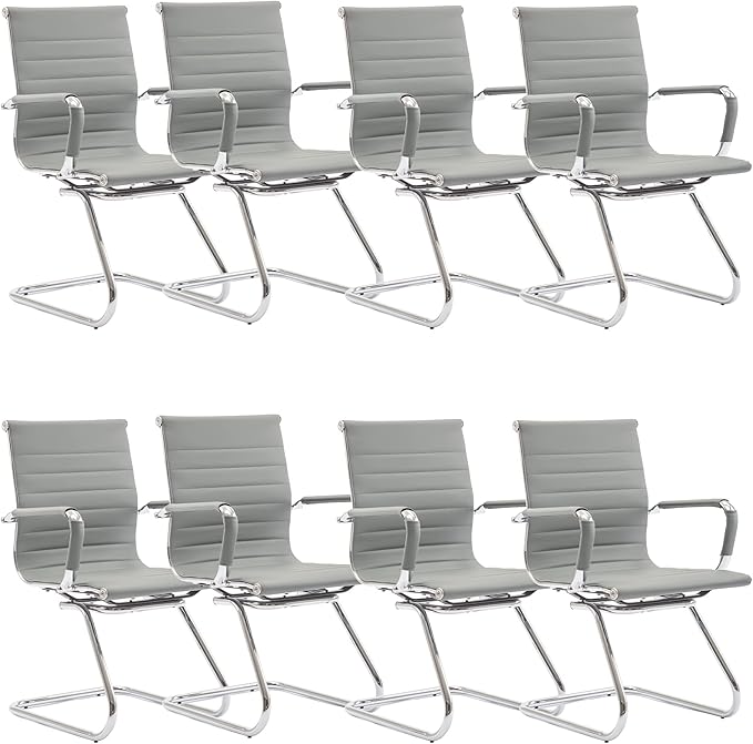 Office Desk Chair Set of 8,No Wheels PU Leather Computer Chairs Mid Back Guest Chairs with Seld Base for School/Reception/Conference/Waiting Room,Grey-DeskLoop Office