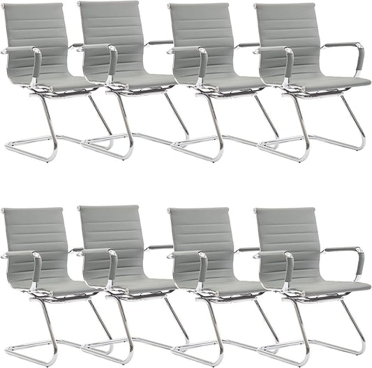 Office Desk Chair Set of 8,No Wheels PU Leather Computer Chairs Mid Back Guest Chairs with Seld Base for School/Reception/Conference/Waiting Room,Grey-DeskLoop Office