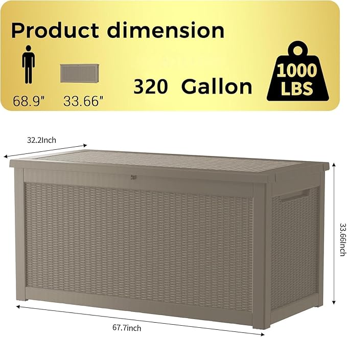 320 Gallon Outdoor Storage Box Patio Deck Box Waterproof, Resin Lockable Outside Large Storage Bin for Pool Cushion Furniture, Garden Tools UV-Resistant, Grey-DeskLoop Office