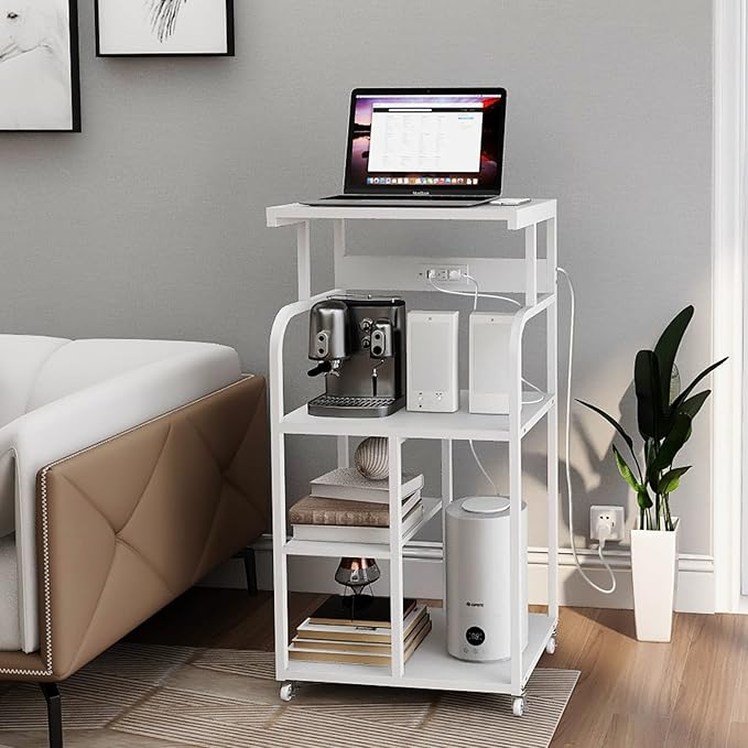 VEDECASA Mobile High Printer Stand with Power Outlet Charging Plugs USB Port Office Storage Shelf Includes Computer Tower CPU Stand Holder with Wheel (White)-DeskLoop Office