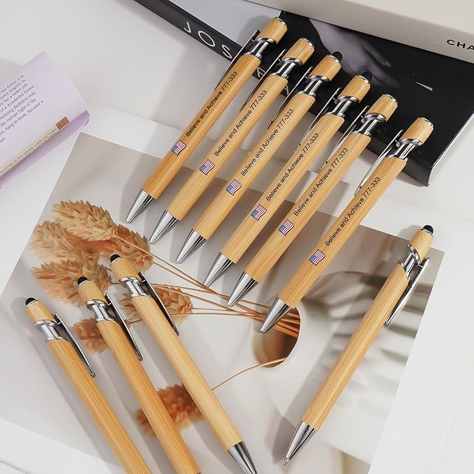 Bamboo Personalized Pens Bulk with Stylus - Custom Logo/Name, 12 Pack Ballpoint Pens - Student & Teacher Bulk Gifts, Corporate Giveaways, Back to School Supplies - Black Ink