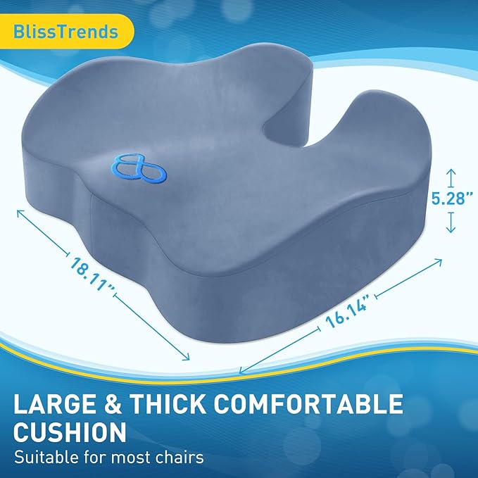 BlissTrends Seat Cushion,5.2in Thick Memory Foam Cushions for Office Chair, Car Seat, Airplane, Relieving Pressure Tailbone Sciatica Back Pain for Long Sitting Office Workers, Car Drivers LightBlue-DeskLoop Office
