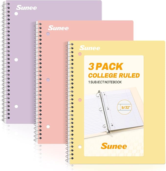 SUNEE Spiral Notebooks, 3 Pack, College Ruled Paper, 70 Sheets per Notebook by SUNEE