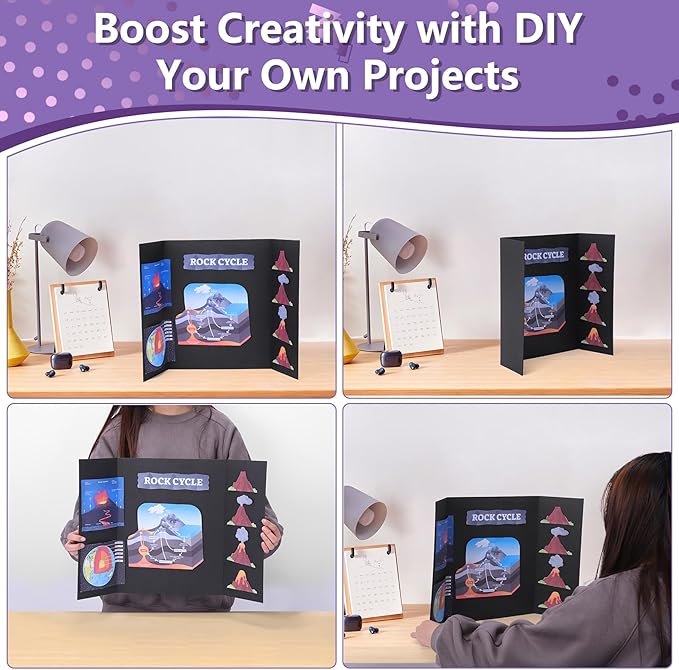 4 Pack Small Trifold Poster Board 21" x 14" Tri Fold Poster Boards Black Corrugated Cardboard Project Boards for Presentations, School Projects, Science Fair, Exhibition Event Display-DeskLoop Office