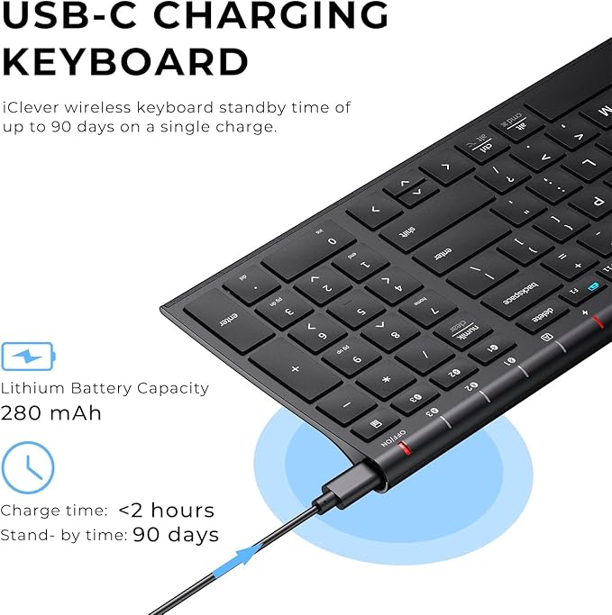 iClever BK10 Bluetooth Keyboard, Universal Bluetooth 5.1 Wireless Keyboard with Number Pad, Ergonomic Design, Multi-Device Compatibility, Stable Connection for Mac, iPad, iPhone, Android, Windows-DeskLoop Office